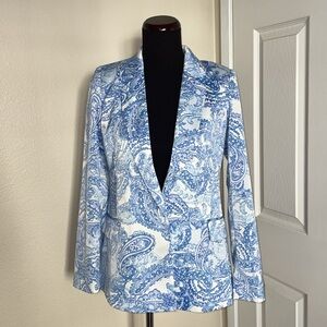 New Rachel Zoe Grecian blue white paisley print Blazer Jacket